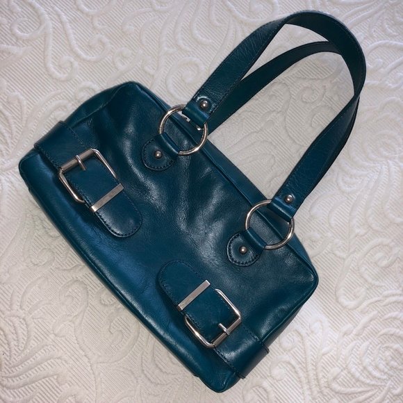 BANANA REPUBLIC 100% Leather Structured Purse Teal Blue Green Silver Buckles Med - Picture 1 of 9